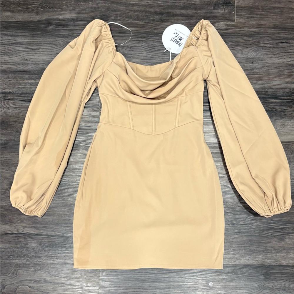 Princess Polly “Lillie” Long Sleeve Mini Dress – Beige – NWT